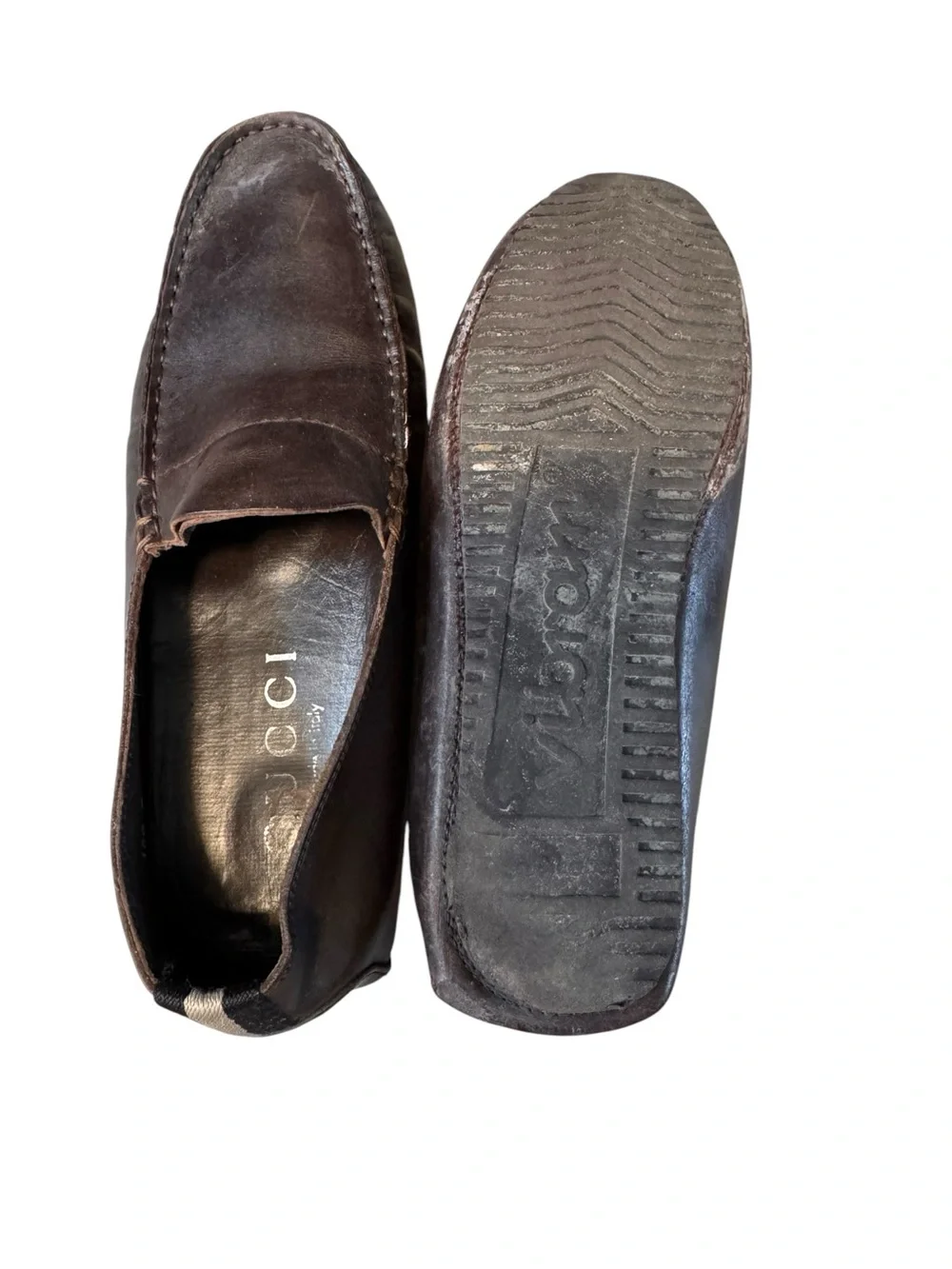 Vintage Gucci Men’s Brown Leather Driving Loafers Vibram Sole Size 7B Italy